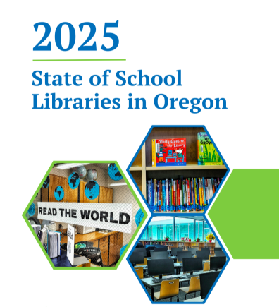 The front page of the report with blue text, green accents, and photos of school libraries